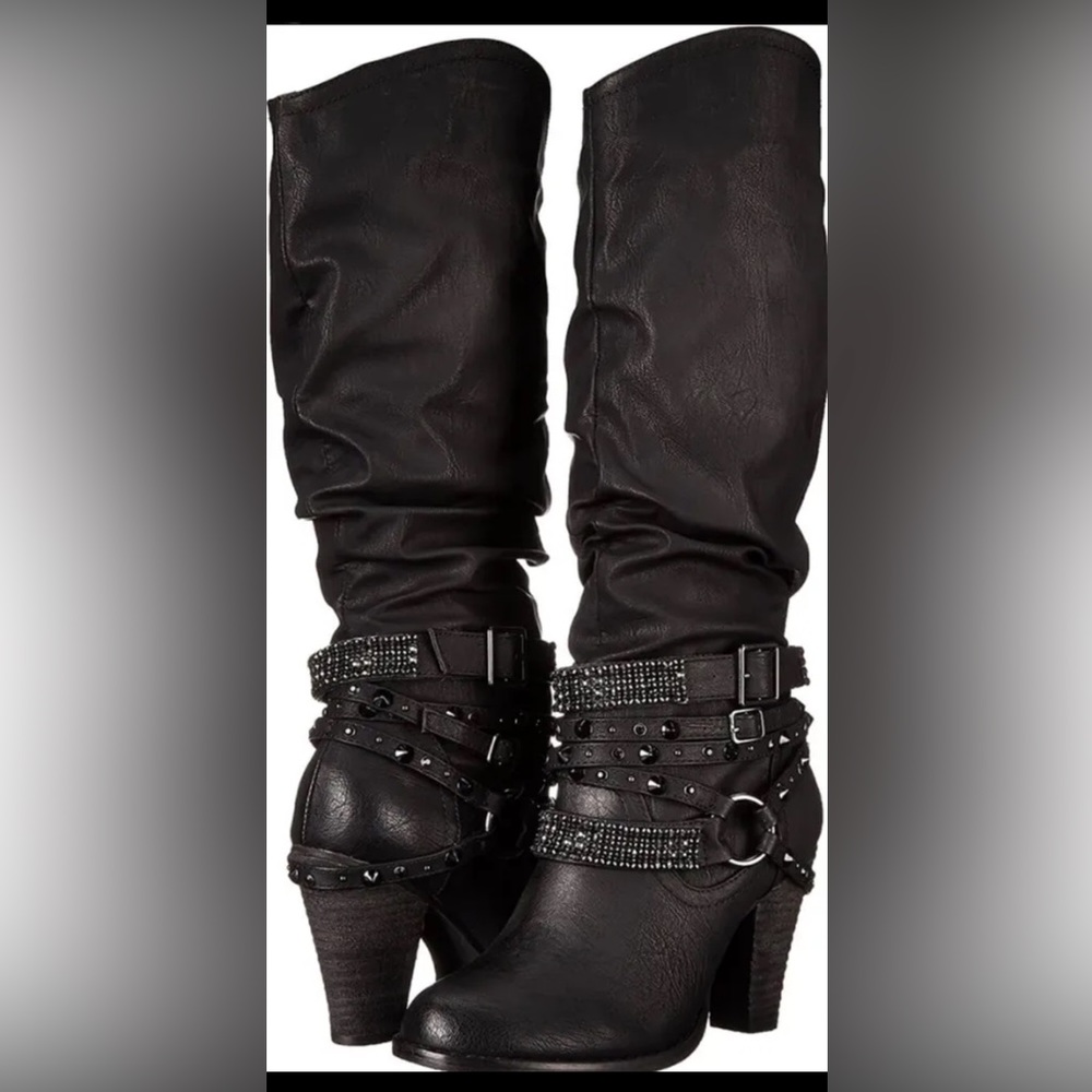 NOT RATED SWAG CHELSEA 7.5 BOOTS CALF HEIGHT BLACK SLOUCH STUDDED 3.5" HEEL